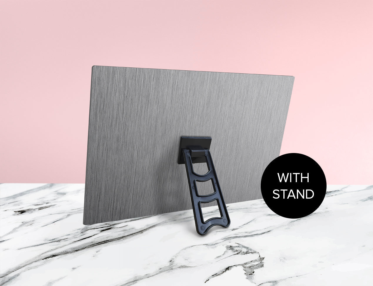 Backside close-up of Metal Print showing stand