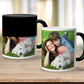 Personalised Magic Mug. One mug half black showing magic effect and one mug revealing whole picture