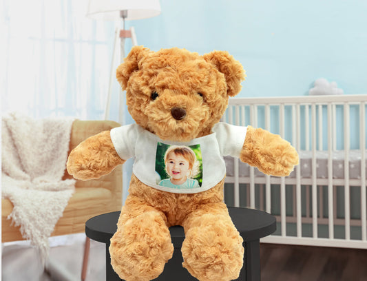 Personalised Teddy Bear wearing a small T-shirt that is customised with photo