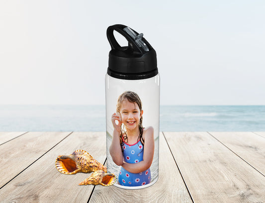 Personalised Water Bottles. This Sports Drink Bottle is customised with a photo of a kid. 