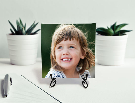 Table-top Canvas print with kids photo on metal easel. This is an elegant Mini Canvas Print on display.