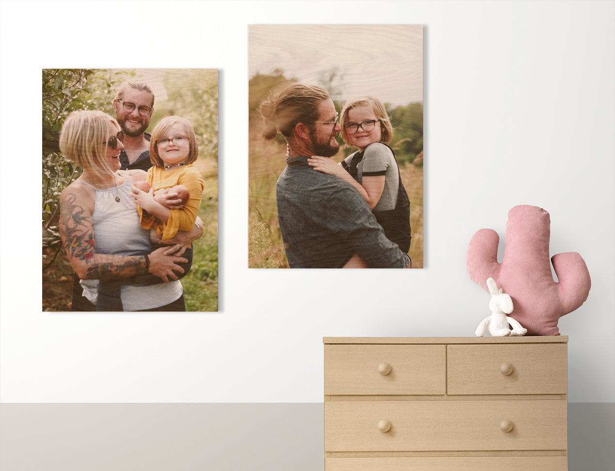 Collection of Family Pictures printed on Wood and hanging on the wall